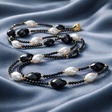 Load image into Gallery viewer, Navy and pearl crystal long necklace with gold beads
