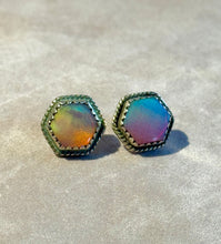Load image into Gallery viewer, Hexagonal earrings with colorful aurora opal gemstone  stones on a light background
