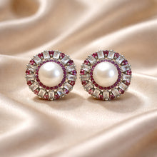 Load image into Gallery viewer, White pearl , ruby and white topaz gemstone earrings
