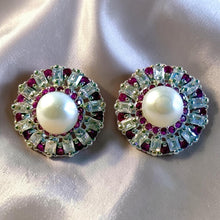 Load image into Gallery viewer, Pearl and ruby gemstone stud earrings
