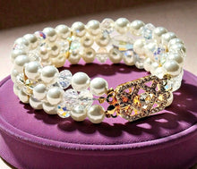 Load image into Gallery viewer, Pearl bracelet with crystal accents . Handmade cuff pearl bracelet

