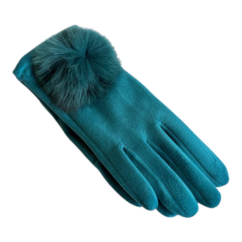 Turquoise Ladies winter glove with fur pompom