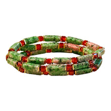 Load image into Gallery viewer, Unakite gemstone beaded stretch bracelet in green and red colors
