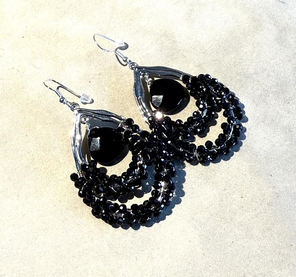 Handmade woven black onyx gemstone earrings in silver