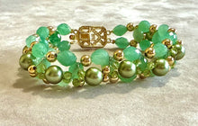 Load image into Gallery viewer, Woven handmade green gemstone and pearl cuff bracelet

