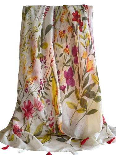 Floral long summer print scarf with white background