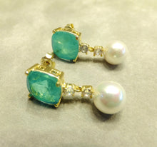 Load image into Gallery viewer, mint green Paraiba Tourmaline and pearl earrings
