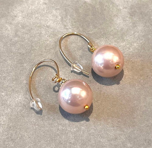 Pink Pearl Drop Earrings in Gold