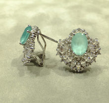 Load image into Gallery viewer, Side view of Aqua chalcedony earrings with white topaz gemstones

