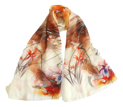 Chiffon Silk Scarf in Brown Floral print