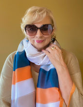 Load image into Gallery viewer, Orange , blue grey and white stripe silk scarf
