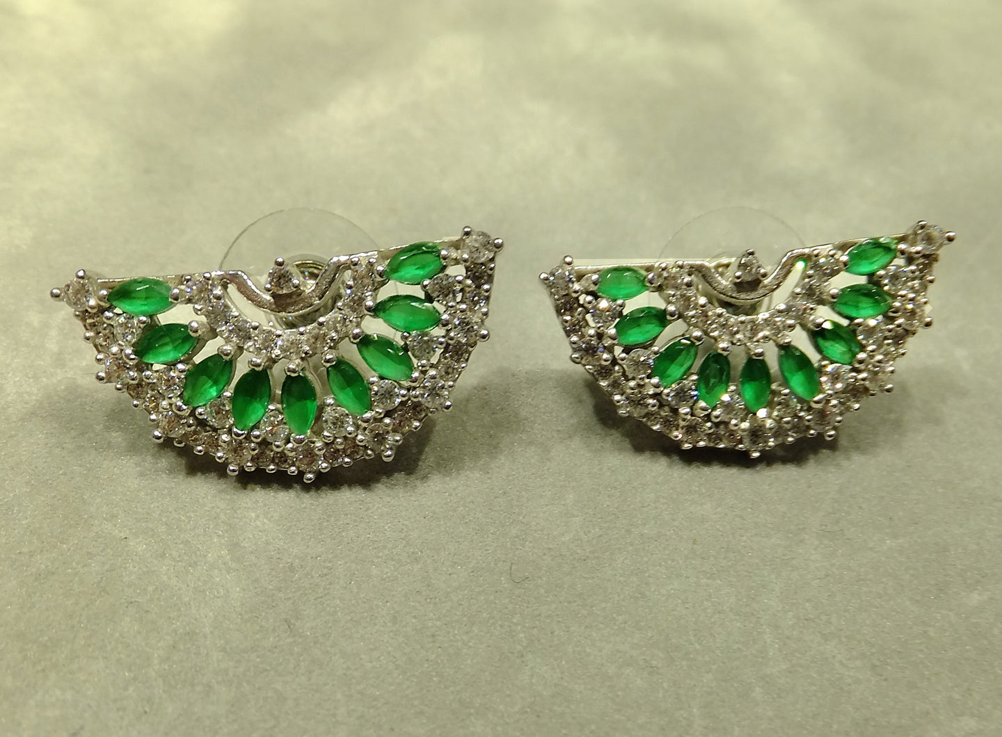 White and green chalcedony fan stud earrings