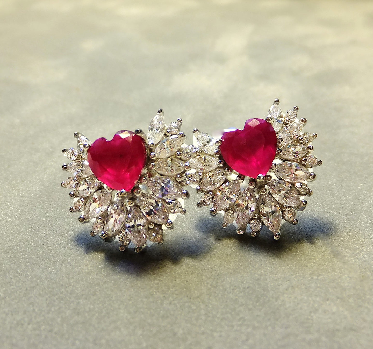Ruby heart stud earrings with white topaz gemstones