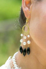 Load image into Gallery viewer, Statement white mother of pearl and black onyx gemstone earrings. - butlercollection
