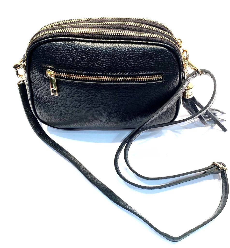 Black Italian Leather three zipper bag in black