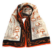 Load image into Gallery viewer, Orange black , and white long silk print scarf
