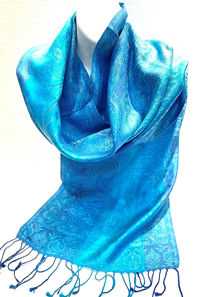 Turquoise blue silk print woven scarf 