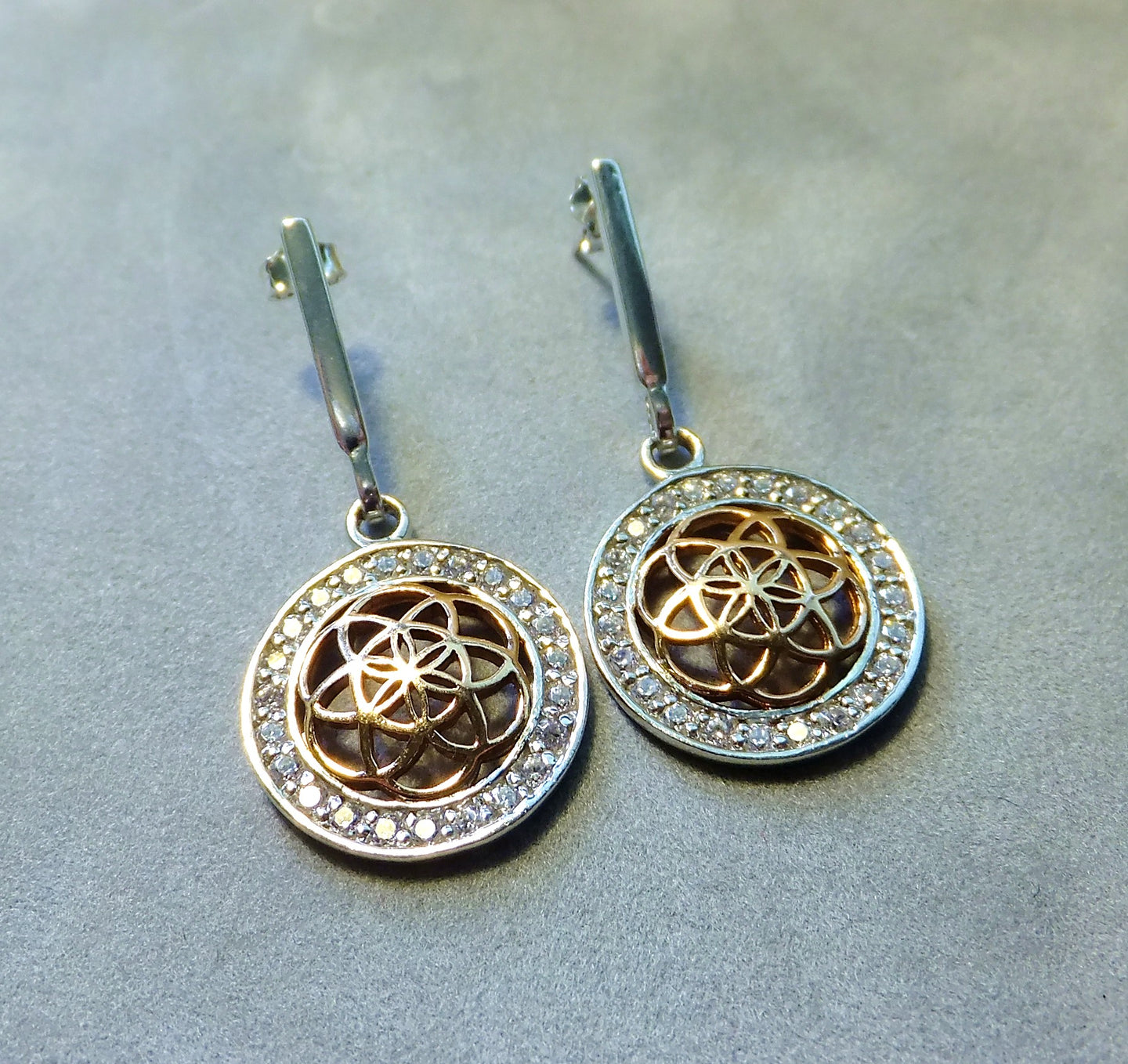 Two tone sterling silver drop earrings