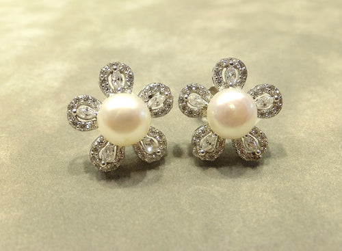 White pearl and white topaz gemstone stud earrings