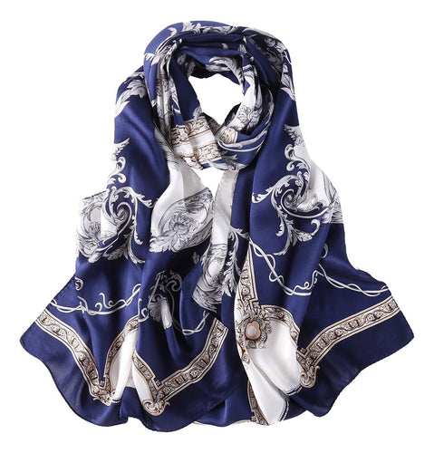 Navy and White long silk scarf with link print