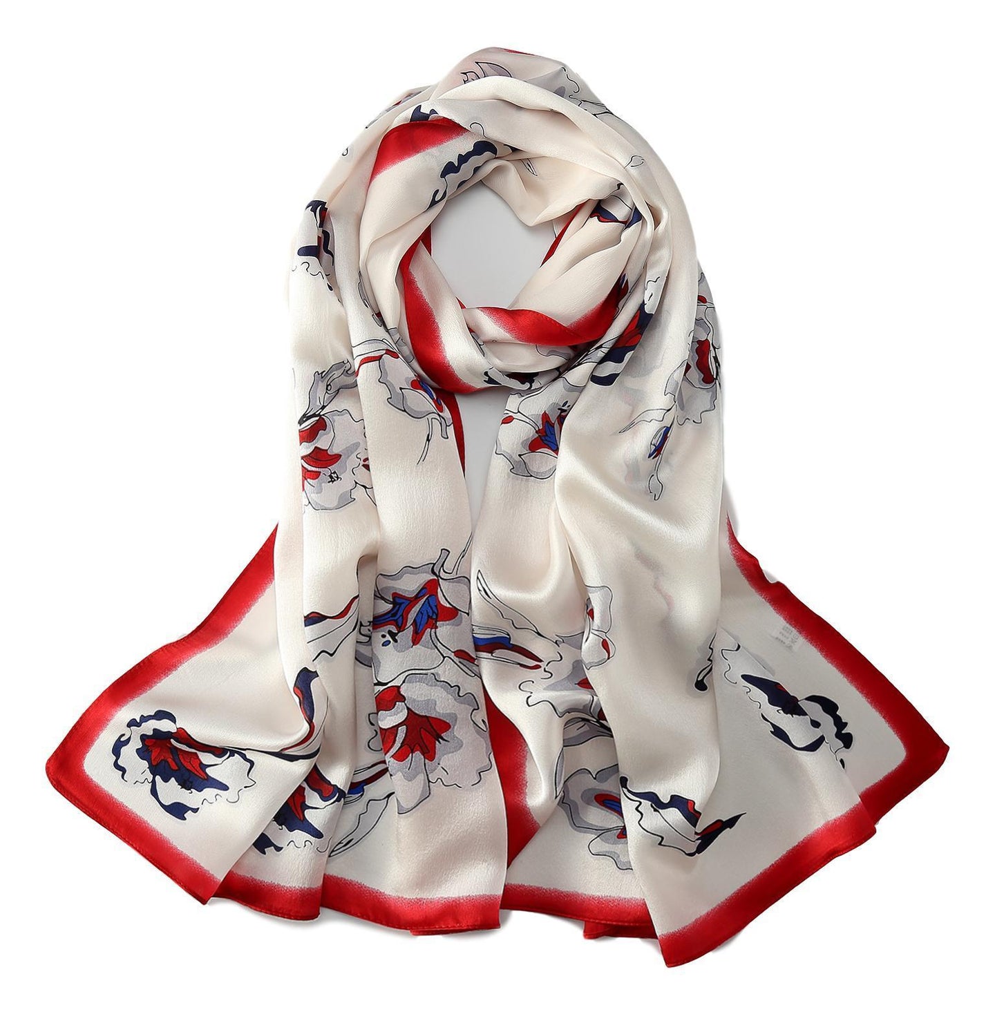 Red and white print long silk scarf