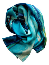 Load image into Gallery viewer, Long blue ocean theme silk scarf
