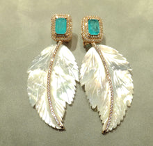 Load image into Gallery viewer, Aqua parabia tourmaline and mother of pearl drop earrings
