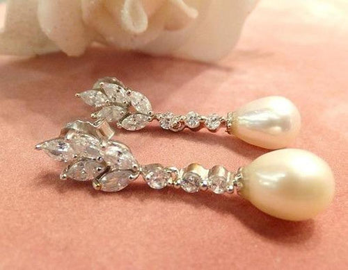 White topaz and drop natural pearl earrings