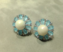 Load image into Gallery viewer, Blue flower gemstone and pearl earrings
